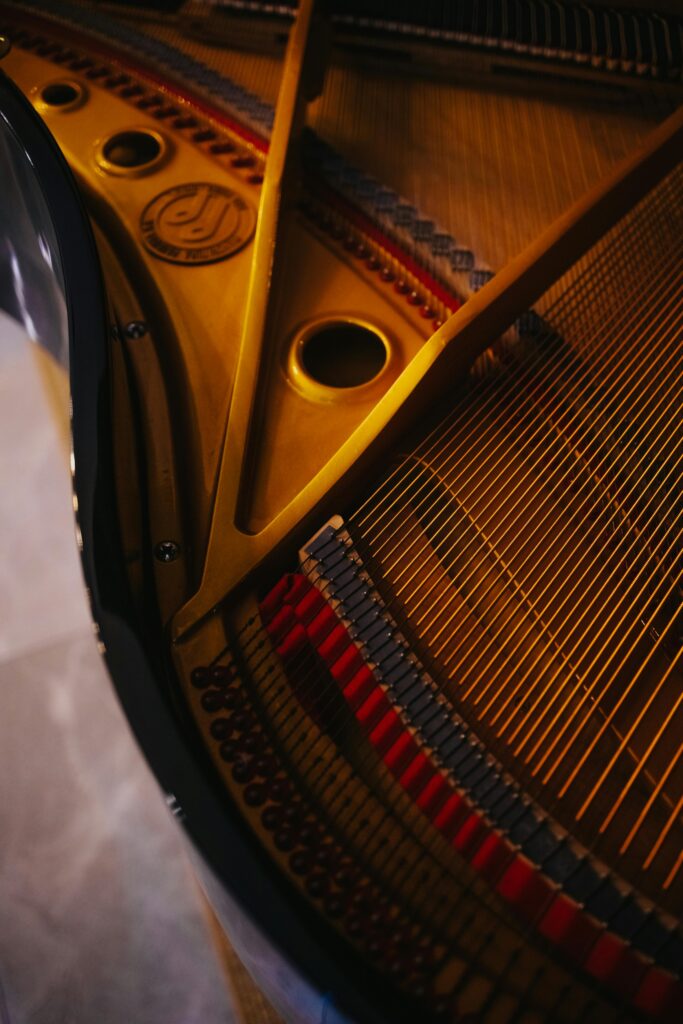 Intricate view of grand piano strings showcasing the interior craftsmanship and design.